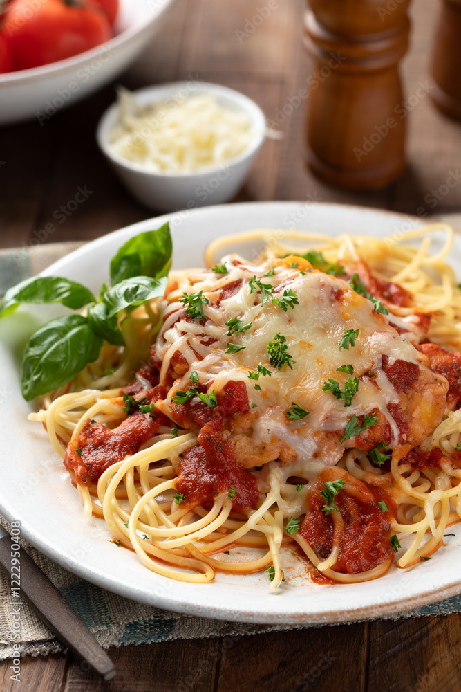 Chicken parmesan with spaghetti noodles and sauce Chicken parmesan with spaghetti noodles and sauce