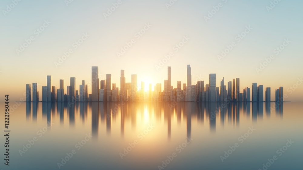 Fototapeta premium Dawn of Business Renewal: Tranquil Cityscape with Golden Sunrise Reflecting on Glass Skyscrapers