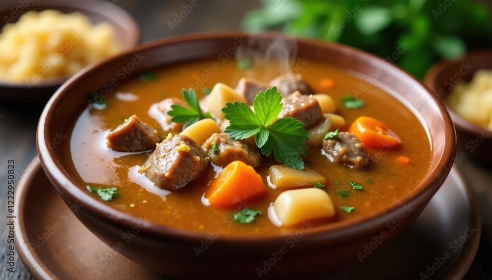 a shot of a steaming bowl of creamy beef soup, warm, liquid a shot of a steaming bowl of creamy beef soup, warm, liquid