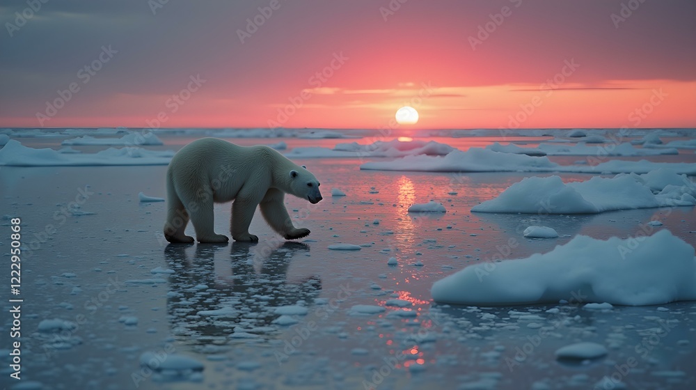 Naklejka premium A polar bear walks across broken ice as the sun sets, highlighting the beauty and fragility of the Arctic.