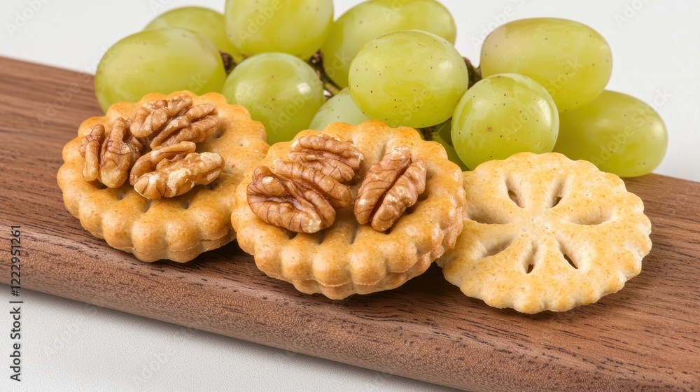 Delicious Cookies with Nuts and Fresh Green Grapes on a Wooden Tray Delicious Cookies with Nuts and Fresh Green Grapes on a Wooden Tray