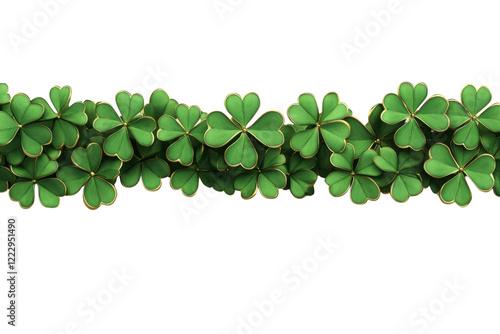 A vibrant line of green clover leaves, each shaped like a heart, showcasing their lush greenery and intricate textures.