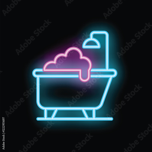 Neon sign representing a bathtub with bubbles and a shower, ideal for bathroom, spa, relaxation, and hygiene related themes