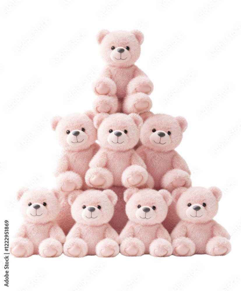 A pyramid formation of cute, pink plush teddy bears stacked in a playful and inviting arrangement. A pyramid formation of cute, pink plush teddy bears stacked in a playful and inviting arrangement.