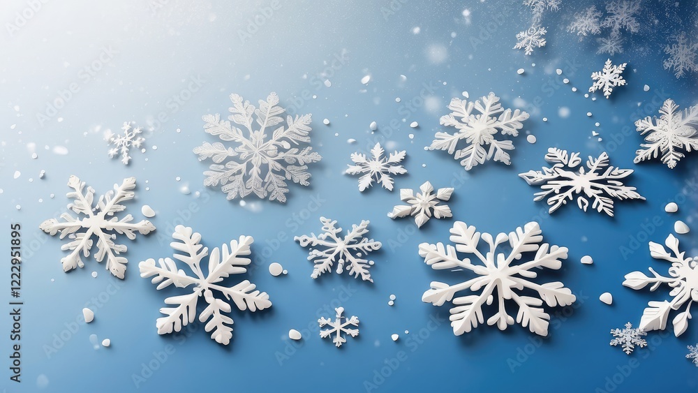 A soft blue background adorned with various snowflakes in white and metallic gold. A soft blue background adorned with various snowflakes in white and metallic gold.