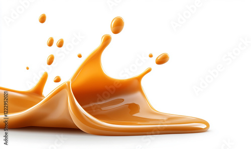 A splash of caramel sauce creating an enticing and vibrant visual on a white surface.