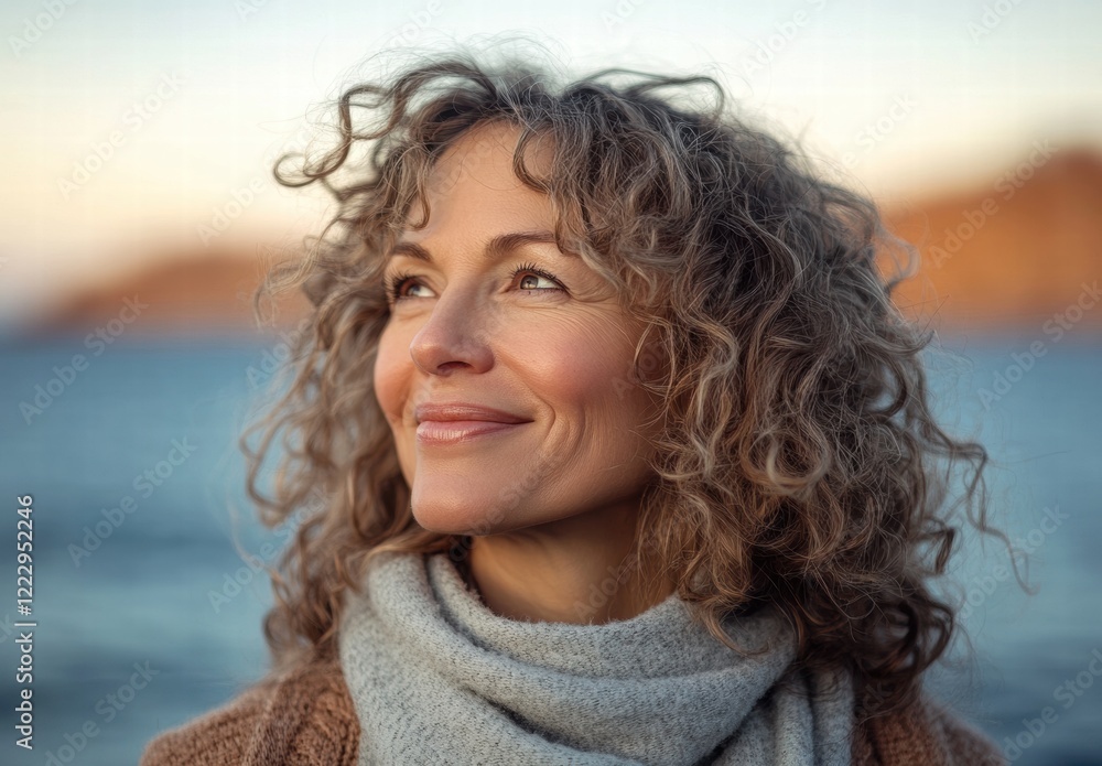 A woman with curly hair is smiling and looking out at the ocean A woman with curly hair is smiling and looking out at the ocean