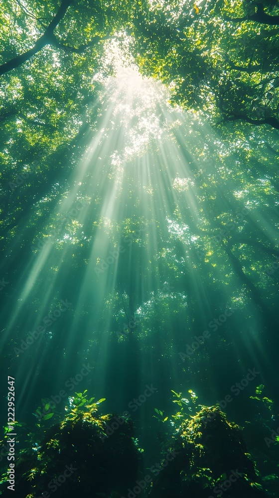 A background of light beams shining through the gaps of a forest canopy. A background of light beams shining through the gaps of a forest canopy.