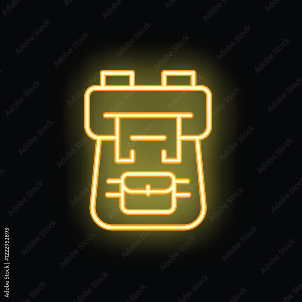 Bright yellow neon sign of a backpack is glowing in the dark