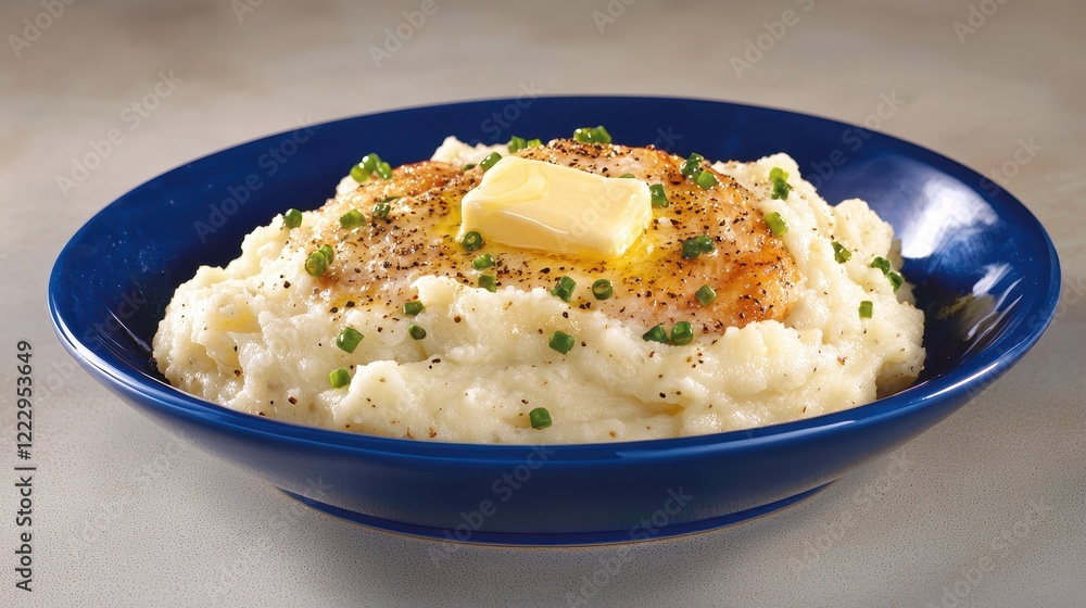 Creamy Mashed Potatoes with Butter and Chives in a Blue Bowl Creamy Mashed Potatoes with Butter and Chives in a Blue Bowl
