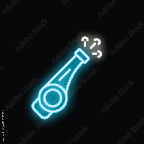 Blue neon icon of a party blower celebrating on a black background