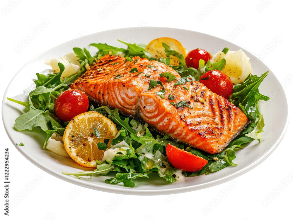 Isolated Grilled Salmon with Arugula Salad Isolated Grilled Salmon with Arugula Salad