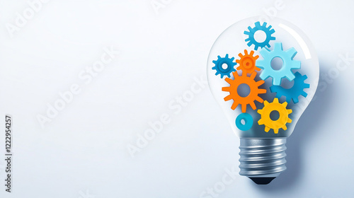 An illuminated light bulb filled with colorful gears representing creativity and innovation.