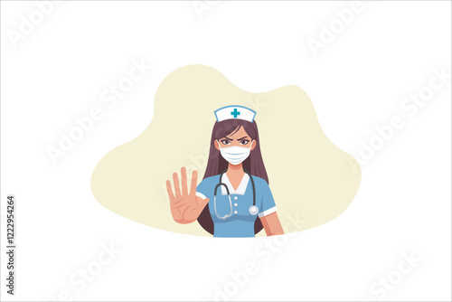Illustration angry woman nurse wearing blue uniform with a stethoscope frowning displeased, extend hand to show stopping, disagree. Vector illustration.