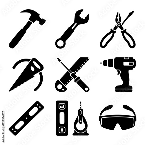 construction silhouette icons set vector design illustration template in trendy style .Black and White Construction Tools Icons,