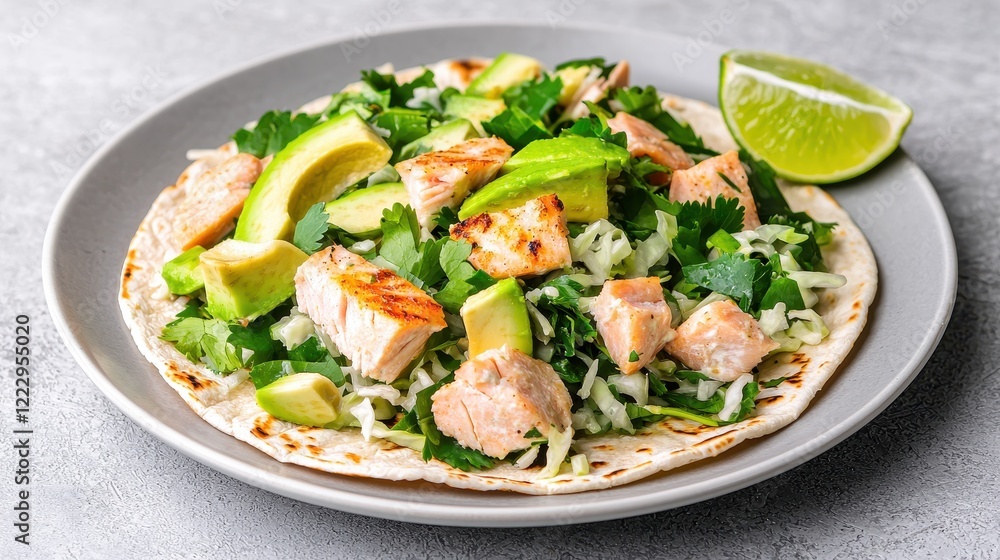Grilled Salmon Taco with Avocado and Lime Served on a Gray Plate Grilled Salmon Taco with Avocado and Lime Served on a Gray Plate
