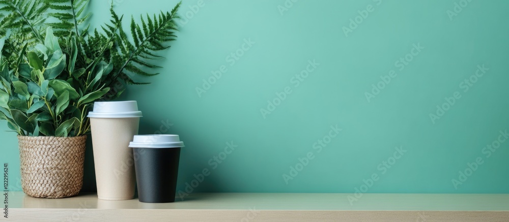 Minimalist green office desk workspace with plants and coffee cups featuring empty space for text and health-focused design concepts. Minimalist green office desk workspace with plants and coffee cups featuring empty space for text and health-focused design concepts.