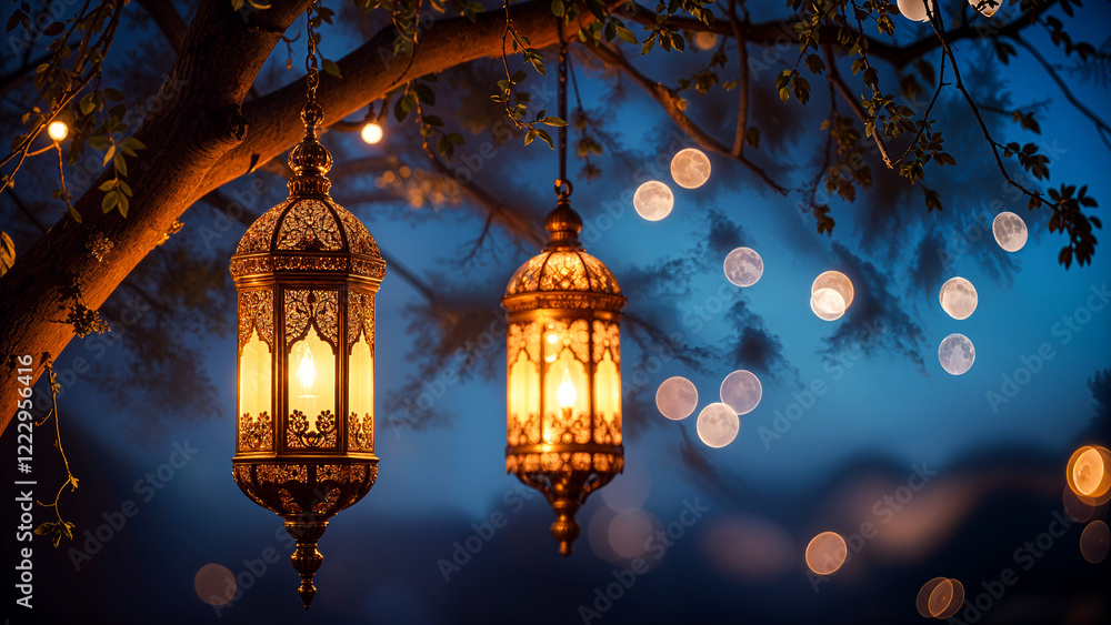 lanterns hanging from tree branches, Festive night scene with string lights and lanterns against starry sky lanterns hanging from tree branches, Festive night scene with string lights and lanterns against starry sky