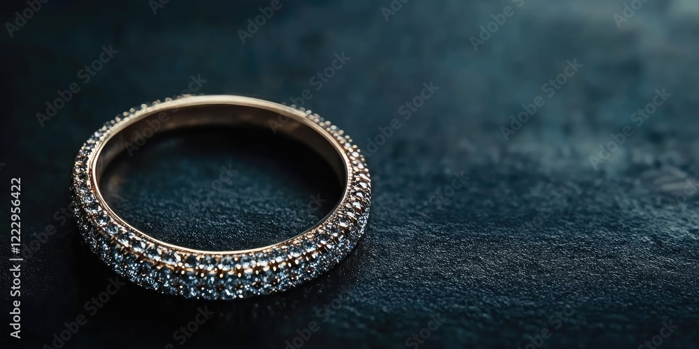 Elegant close-up of a diamond ring embellished with small clear stones on a dark textured surface ideal for luxury jewelry promotions Elegant close-up of a diamond ring embellished with small clear stones on a dark textured surface ideal for luxury jewelry promotions