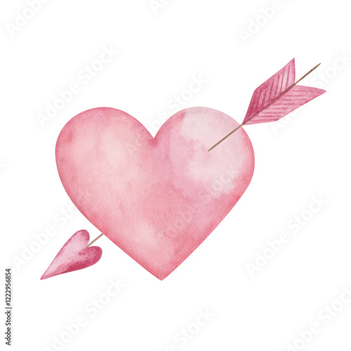 Watercolor illustration. Hand painted pink heart with arrow pierced through it. Cupid, cherub arrow. Isolated clip art. Love symbol. Love card for Valentine's Day, wedding