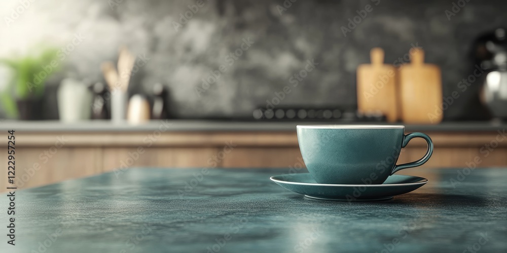 Obraz premium Elegant dark teal coffee cup mockup on kitchen countertop with minimalist design and ample copy space for branding or text customization
