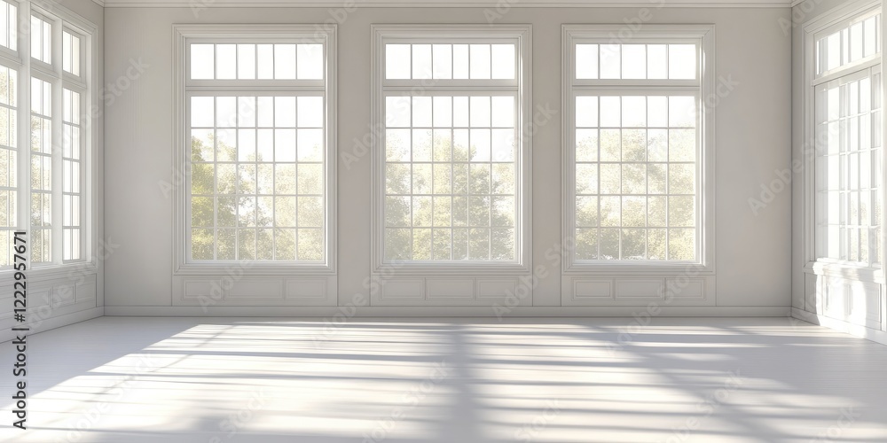 Fototapeta premium Bright and airy daytime living room showcasing large windows and ample empty space, ideal for text overlay or interior design concepts