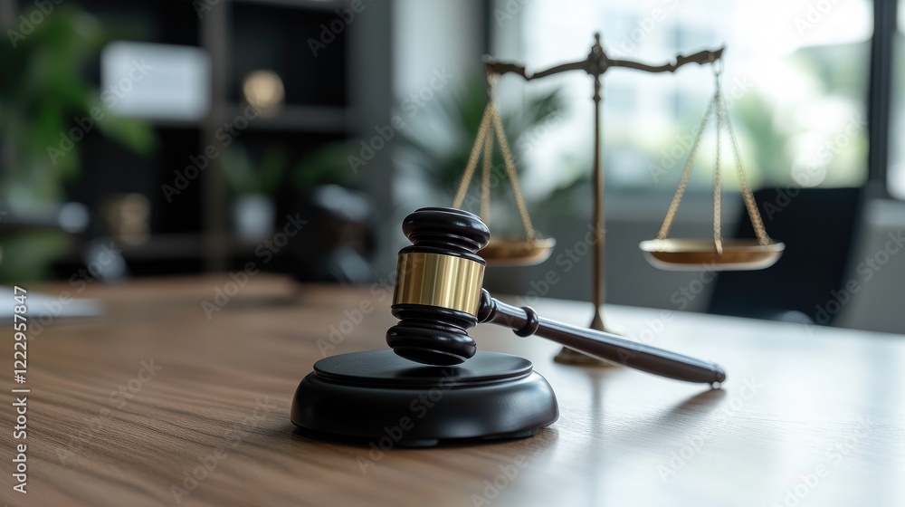 Gavel on wooden table with blurred scales of justice in background for legal themes and courtroom concepts with copy space for text