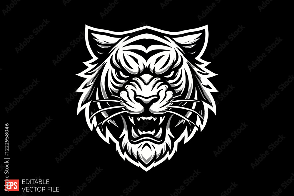 Fototapeta premium Tiger Head Black and white silhouette Illustration vector design