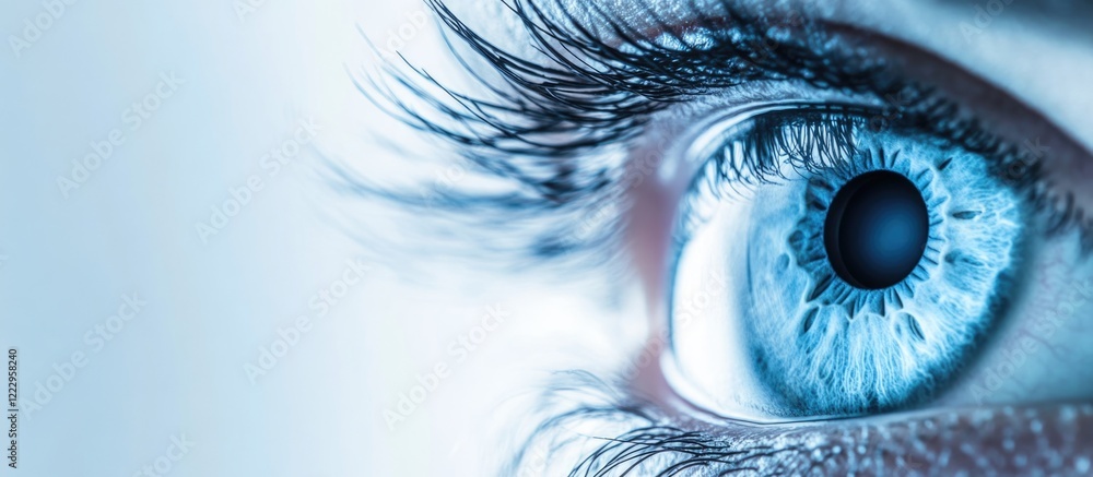 Fototapeta premium Close-up of a blue eye with detailed iris and pupil illustrating eye examination in a modern ophthalmology clinic setting