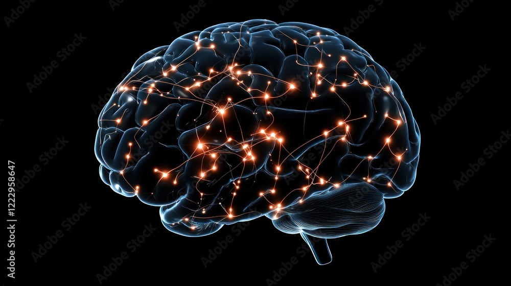 A digital representation of a brain with glowing neural connections. A digital representation of a brain with glowing neural connections.