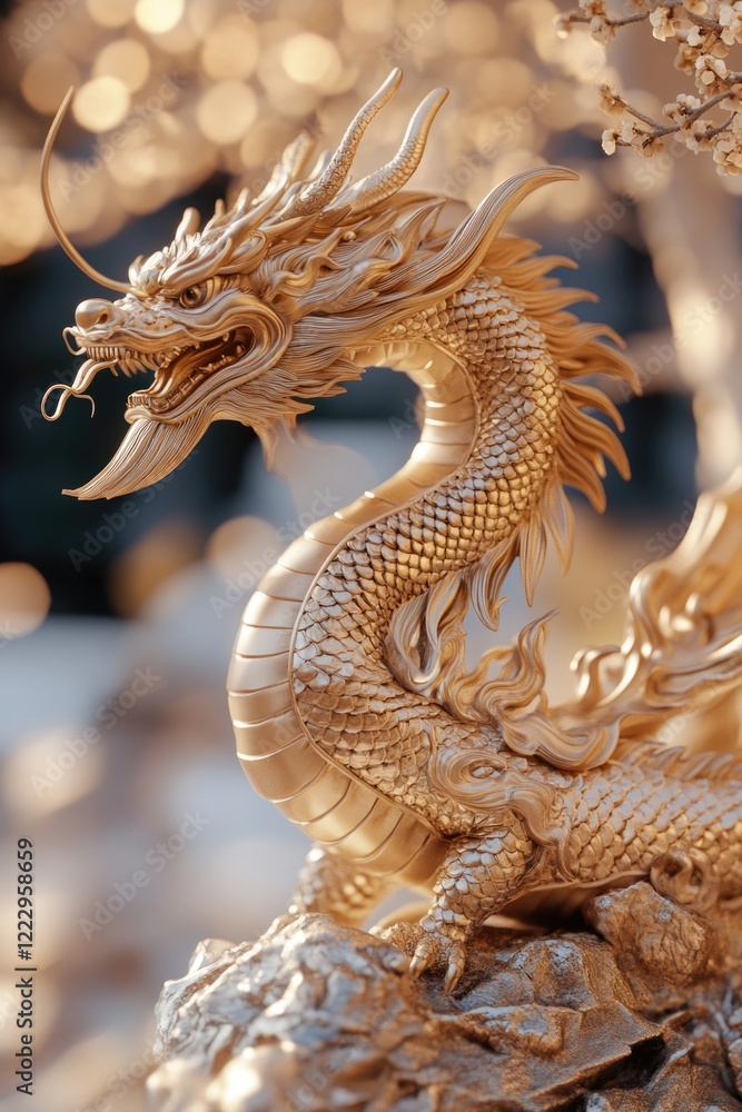 Fototapeta premium Golden Dragon Statue on Rock