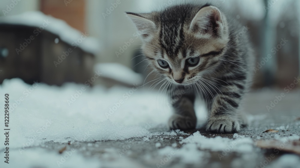 Lonely kitten exploring snowy ground in a park, symbolizing the need for animal rescue and companionship in a harsh winter environment. Lonely kitten exploring snowy ground in a park, symbolizing the need for animal rescue and companionship in a harsh winter environment.