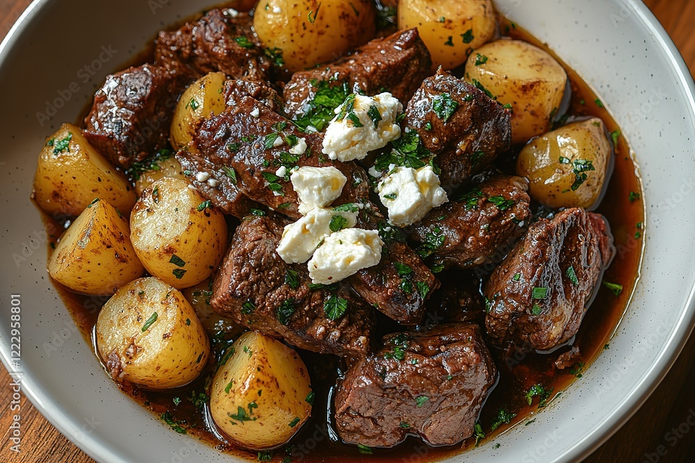 Tender beef stew simmered in a rich gravy served with roasted potatoes and crumbled cheese A comforting and flavorful meal Tender beef stew simmered in a rich gravy served with roasted potatoes and crumbled cheese A comforting and flavorful meal