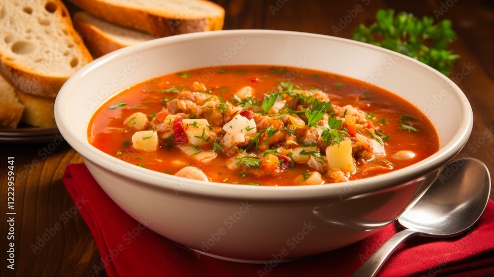 Healthy Manhattan Clam Chowder Meal with Bread and Crackers - A Satisfying Diet Option with Meat Sauce and Fresh Clams (16:9) Healthy Manhattan Clam Chowder Meal with Bread and Crackers - A Satisfying Diet Option with Meat Sauce and Fresh Clams (16:9)