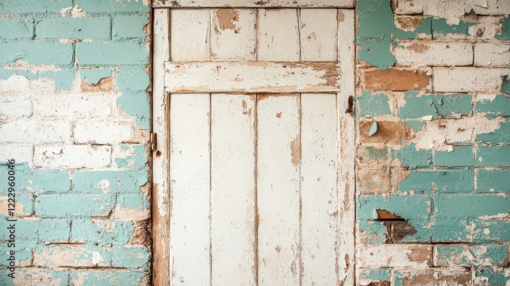 Naklejka premium A faded white door contrasts with a chipped turquoise wall, creating a visually striking effect that hints at stories from the past and evokes a sense of curiosity and intrigue.