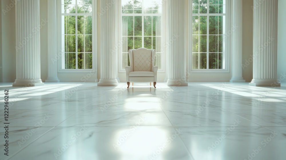 Fototapeta premium A serene interior featuring a cozy chair surrounded by tall columns and large windows that invite abundant natural light, creating an atmosphere of tranquility and elegance.