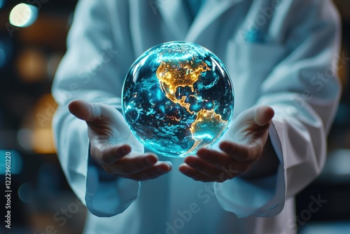 Futuristic scientist holding a holographic globe, showcasing technological advancements, neutral background