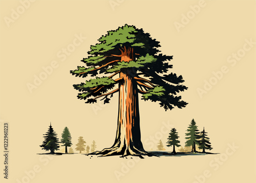 Realistic green tallest tree in the world sequoia on a white background