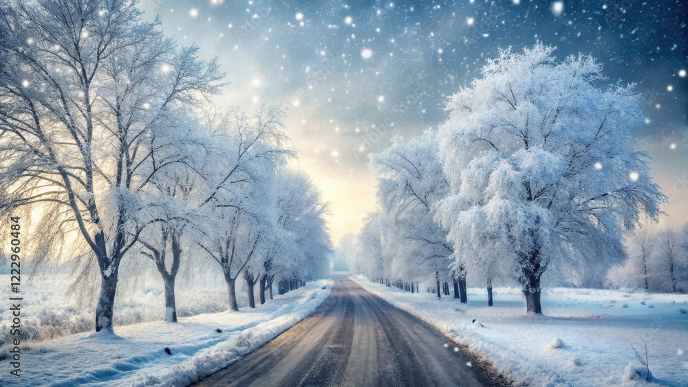 Obraz premium Frosty morning scene with icy road and sleet covered trees, snowflakes falling gently from grey sky