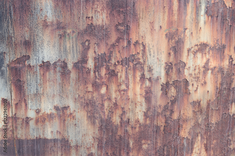 Old rusty metal surface with peeling paint and dirty streaks from rain. Cracked paint texture. Background, texture. Corrosion of iron with streaks of rust. Peeling paint on rusty and old metal