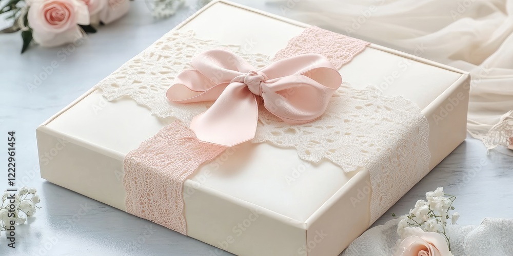 Elegant gift box adorned with soft bow on light background perfect for promotional messages and holiday celebrations Elegant gift box adorned with soft bow on light background perfect for promotional messages and holiday celebrations
