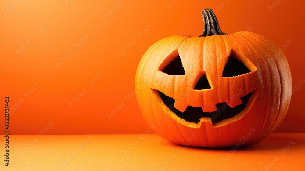 Vibrant orange Halloween pumpkin with carved face on matching background ideal for banners posters and website advertising with copy space Vibrant orange Halloween pumpkin with carved face on matching background ideal for banners posters and website advertising with copy space