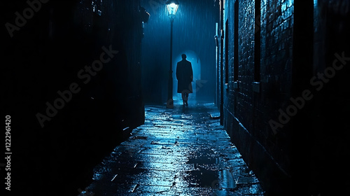 Mysterious figure walks alone in dimly lit alley during rainy night photo