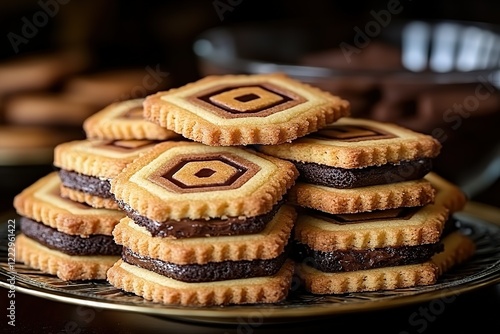 A stack of delicious layered cookies with a chocolate filling showcasing intricate geometric patterns on top photo