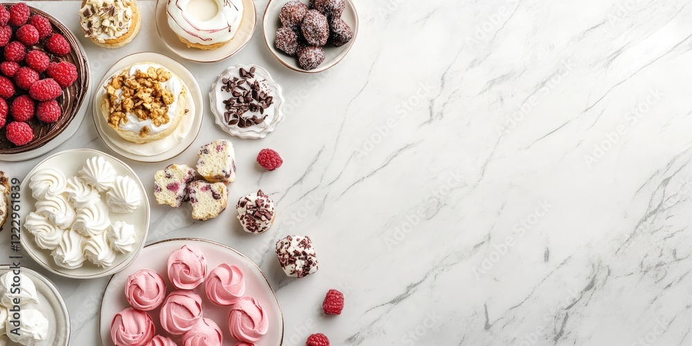 Fototapeta premium Elegant dessert table arrangement featuring assorted sweets fruits and empty space for creative text or branding.