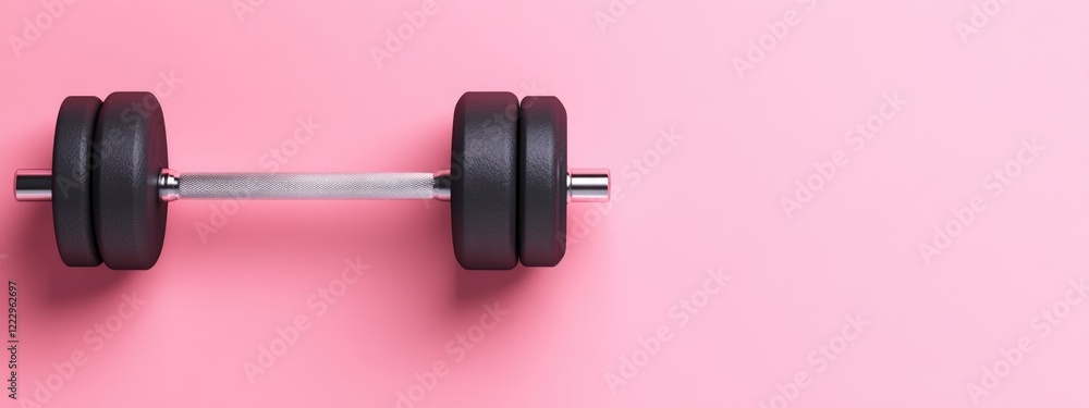Dumbbell on pink background representing fitness and exercise with ample copy space for promotional or informational text. Dumbbell on pink background representing fitness and exercise with ample copy space for promotional or informational text.