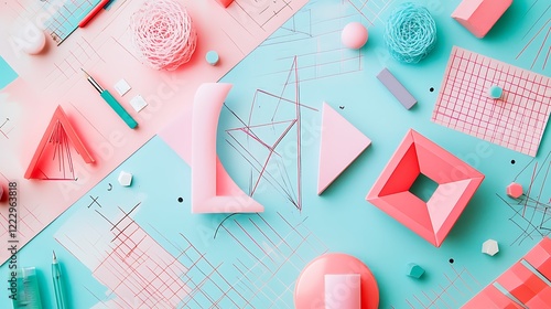 Modern math set in shades of pink stereotypically representing geometry on colourful background photo