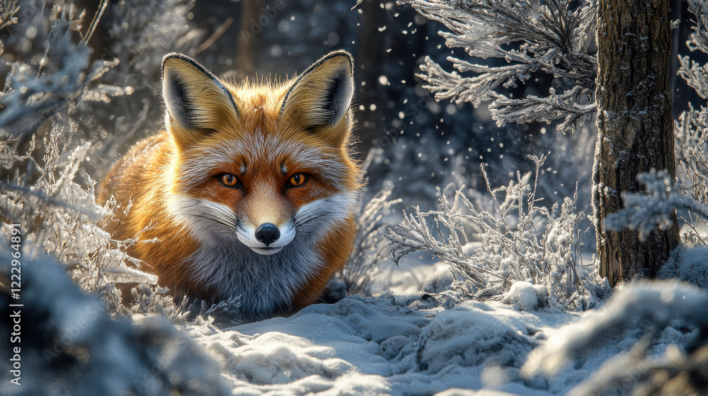 Red fox crouching in a snowy forest, surrounded by frosted branches Red fox crouching in a snowy forest, surrounded by frosted branches