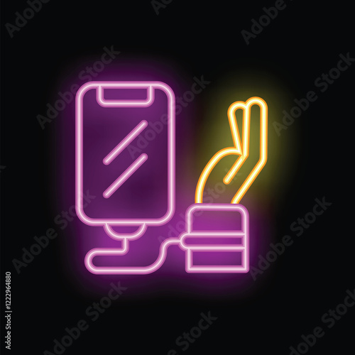 Neon icon of a smartphone analyzing a hand, representing mobile health monitoring and diagnostics