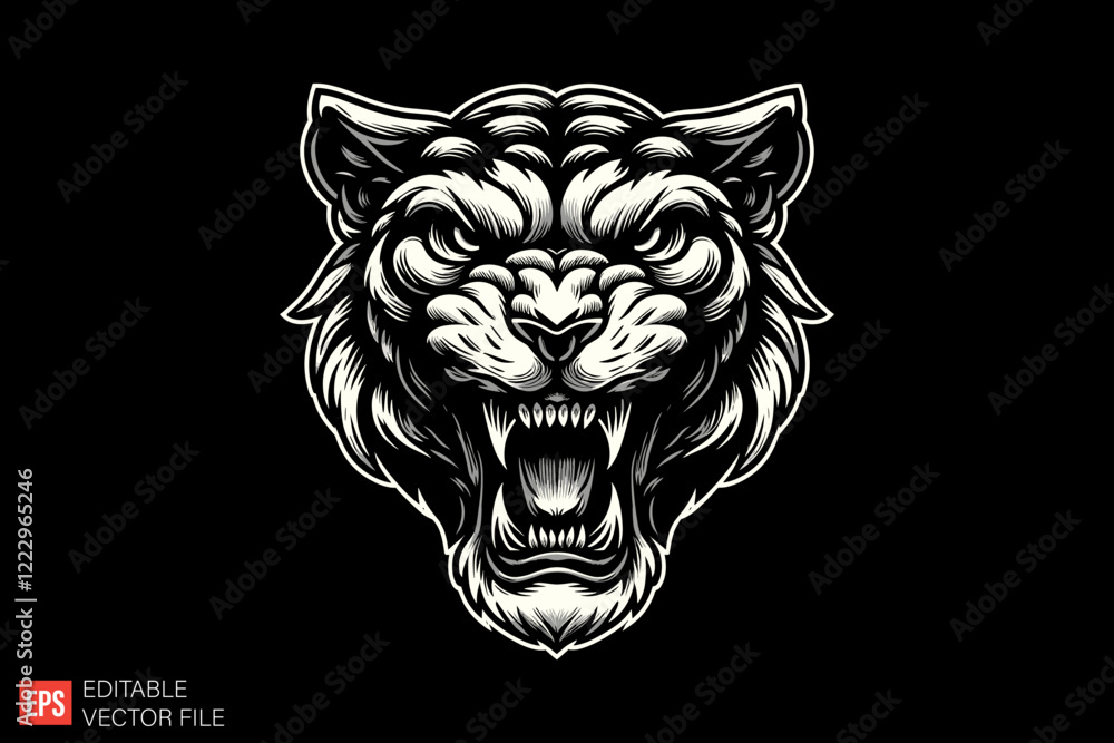 Fototapeta premium Tiger Head Black and white silhouette Illustration vector design